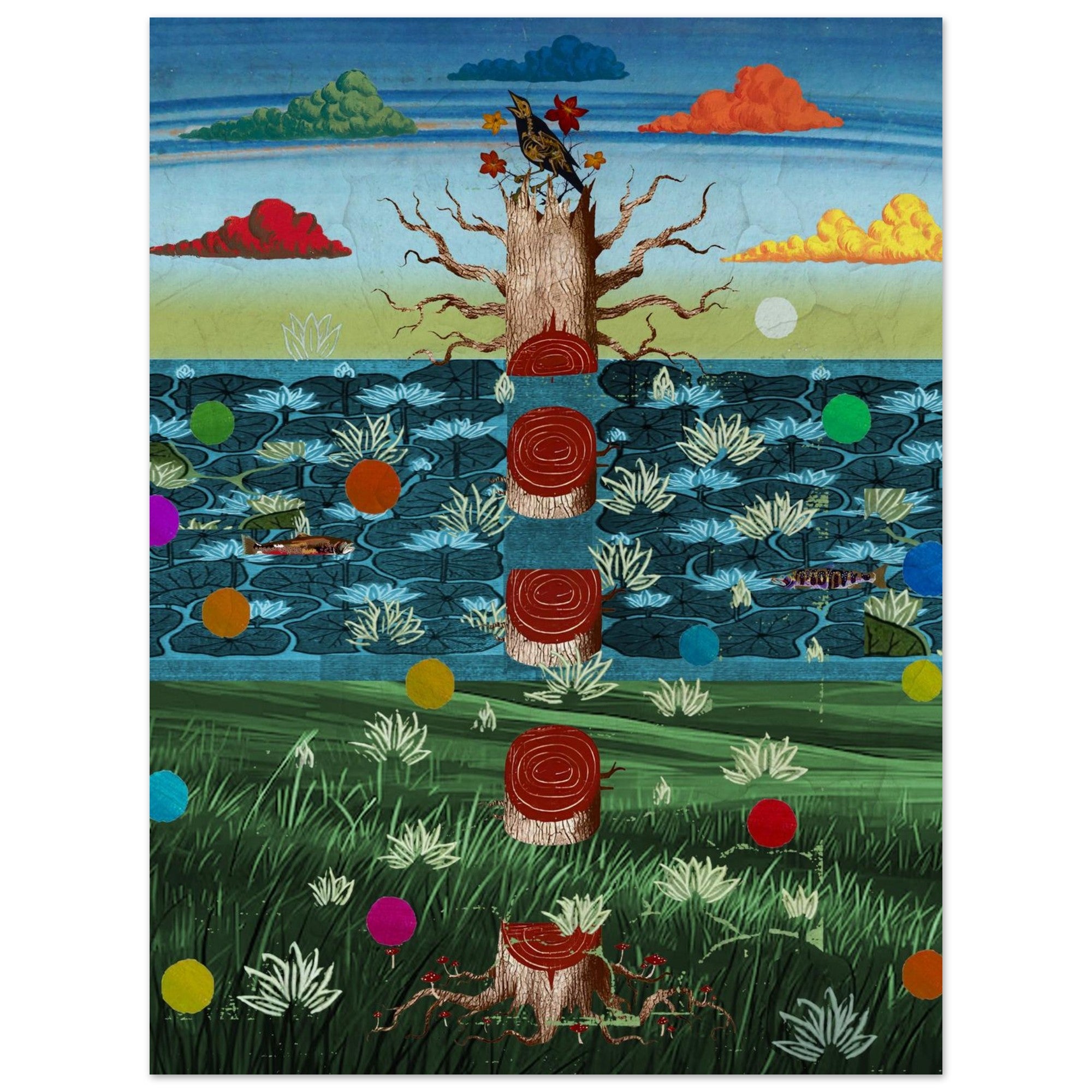 Divided Tree over Land, Sea and Sky: Mixed Media Allegory by Bob Holmes