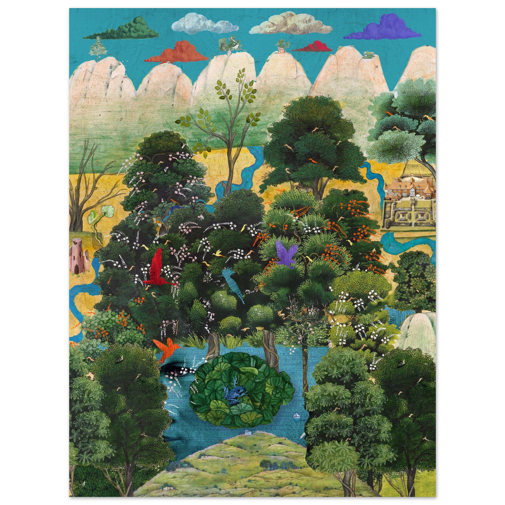 Face in the Lake Landscape: Symbolic Mixed Media Vista by Bob Holmes