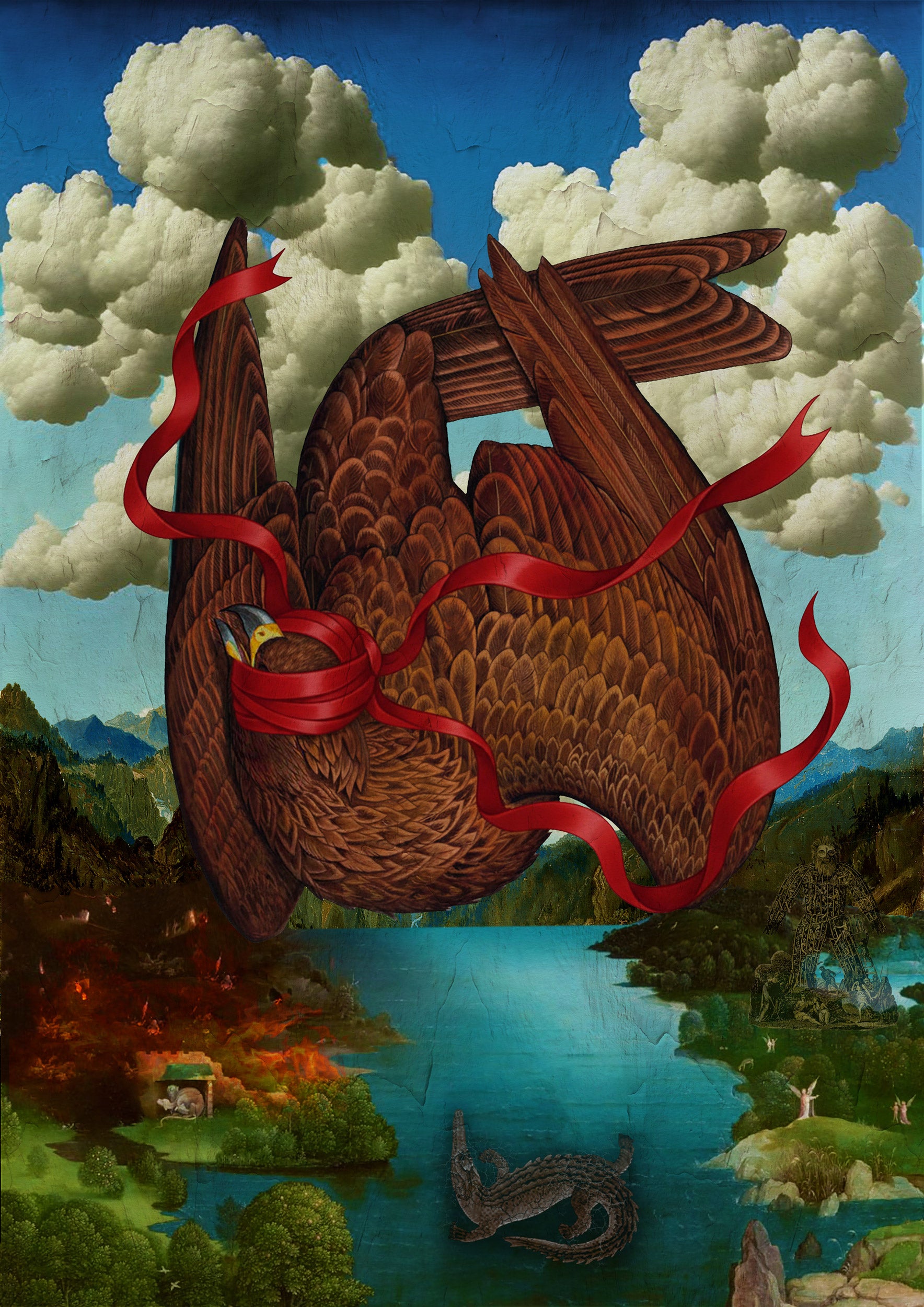 Surrealistic painting of a falling bird with a red ribbon in a forest setting