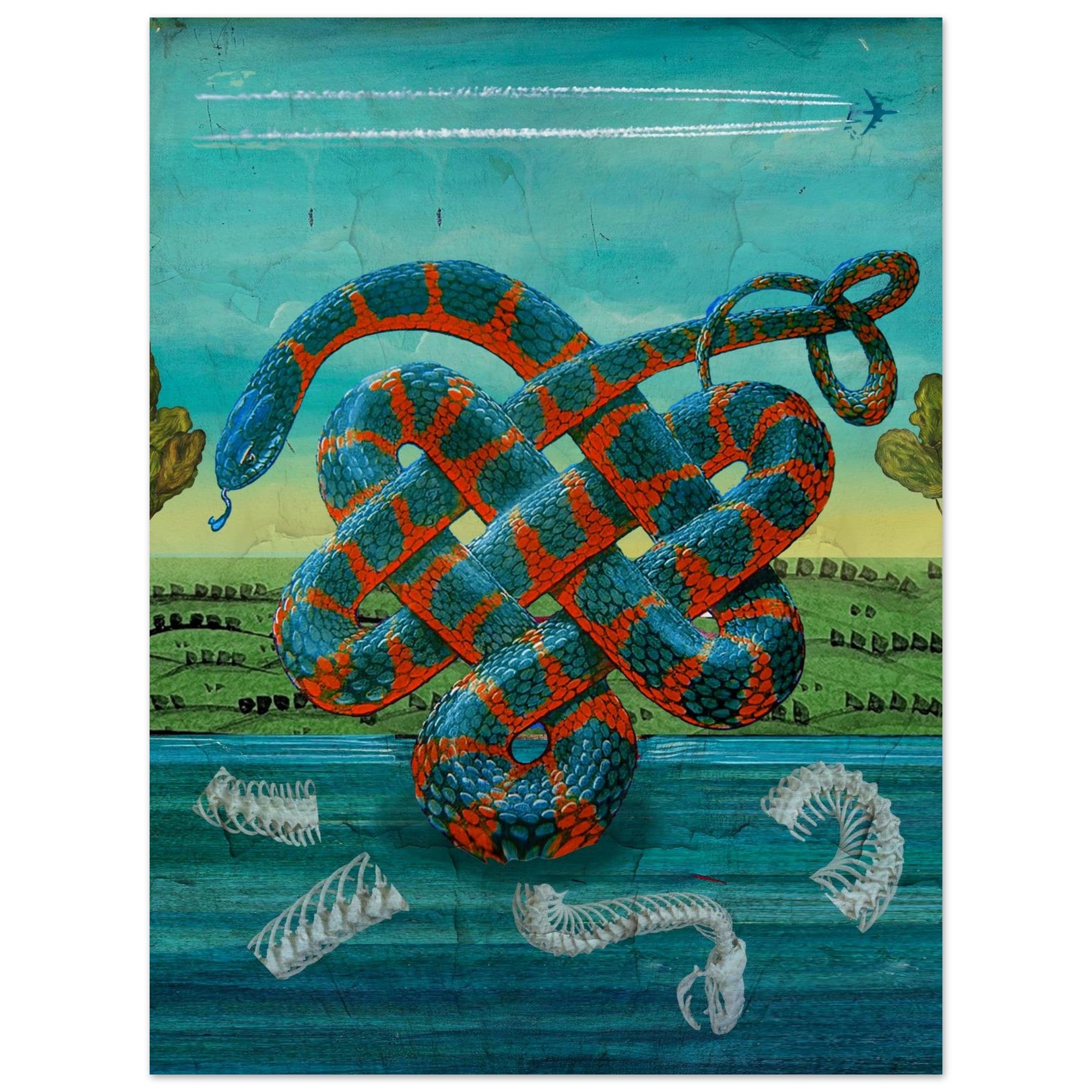 Knotted Sea Snake with Airplane: Mixed Media Allegorical View by Bob Holmes