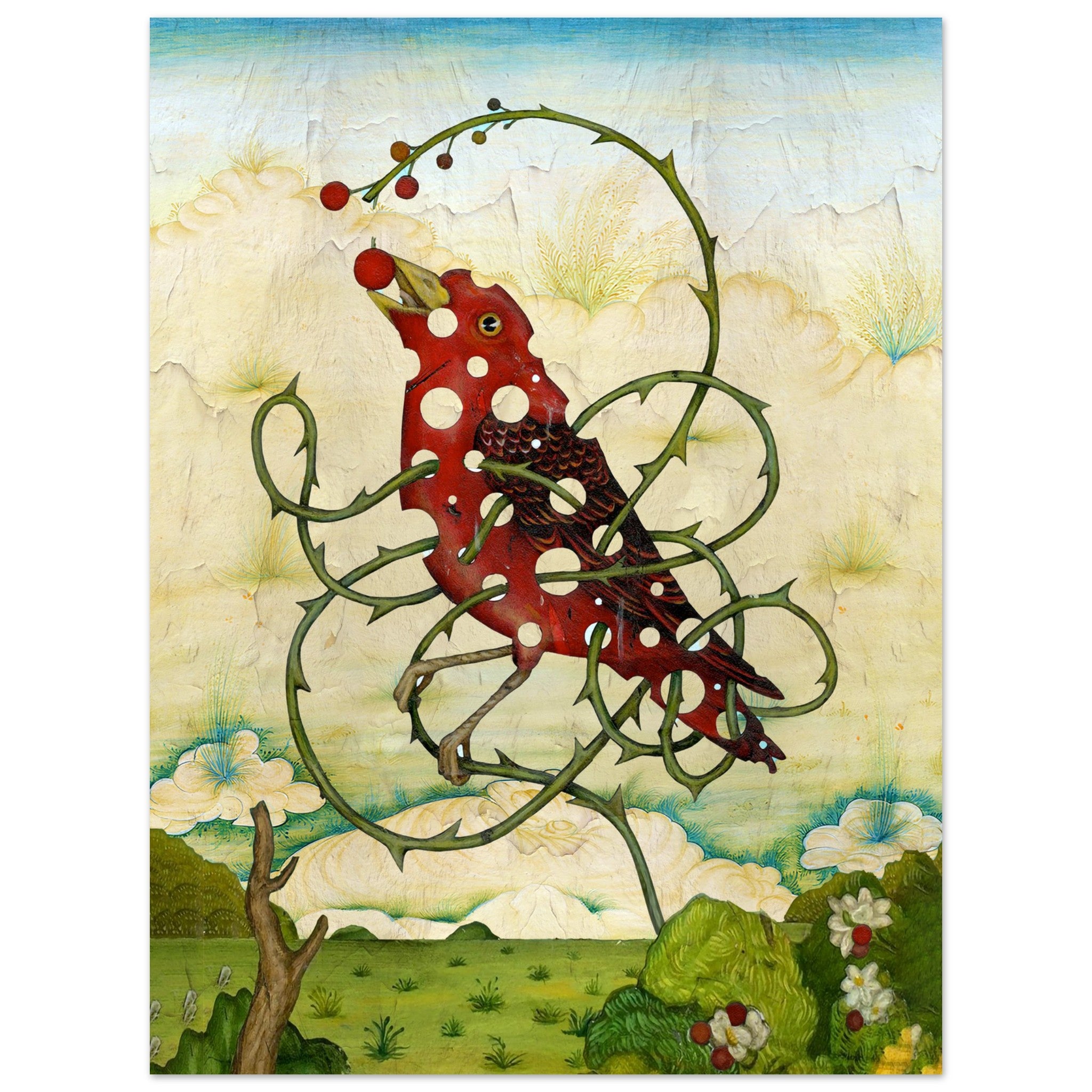 Red Thornbird Filling a Hole: Mixed Media Symbolic Landscape by Bob Holmes