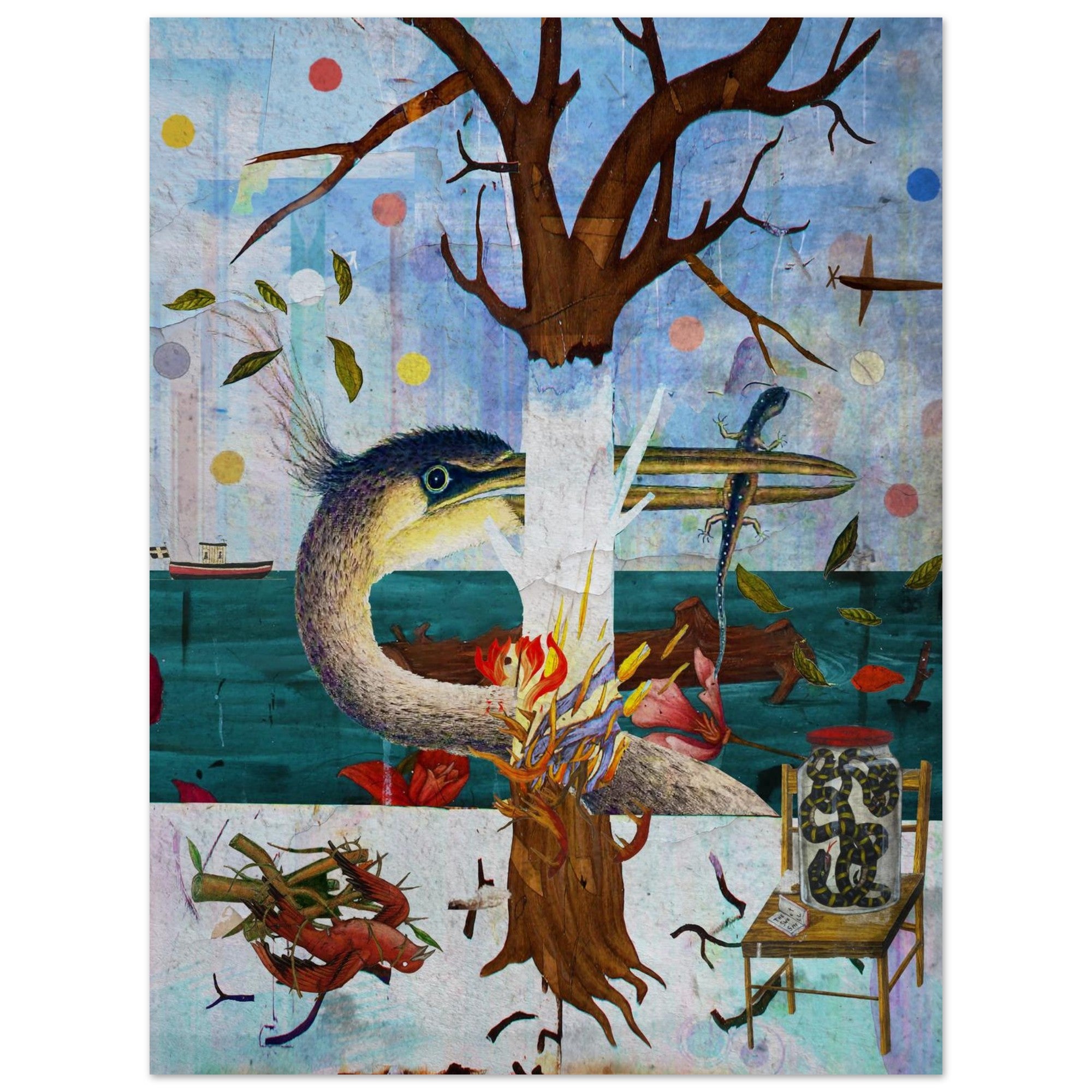 Winter Heron and Lizard: Mixed Media Allegory by Bob Holmes